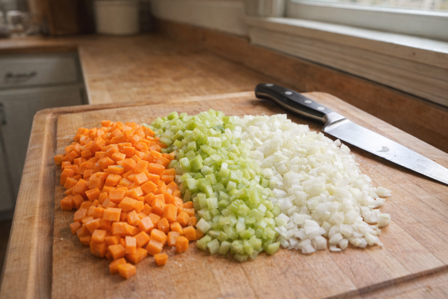 A close-up shot of diced carrots, celery, and onions on a wooden cutting board, chef's knife beside, natural light